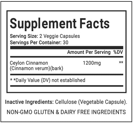 Pristine Foods Ceylon Cinnamon Supplement 1200Mg per Serving - Healthy Blood Sugar, Joint Support, Anti-Inflammatory & Antioxidant - 60 Capsules