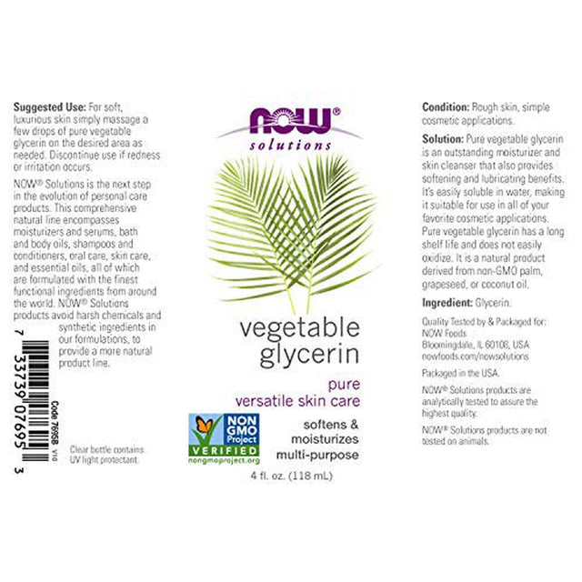 NOW Solutions, Vegetable Glycerin, 100% Pure, Versatile Skin Care, Softening and Moisturizing, 4-Ounce