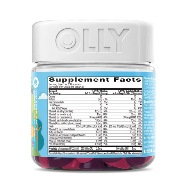 OLLY Kids Multivitamin + Probiotic Gummy, Daily Digestive Supplement, Zinc, Berry, 70 Ct