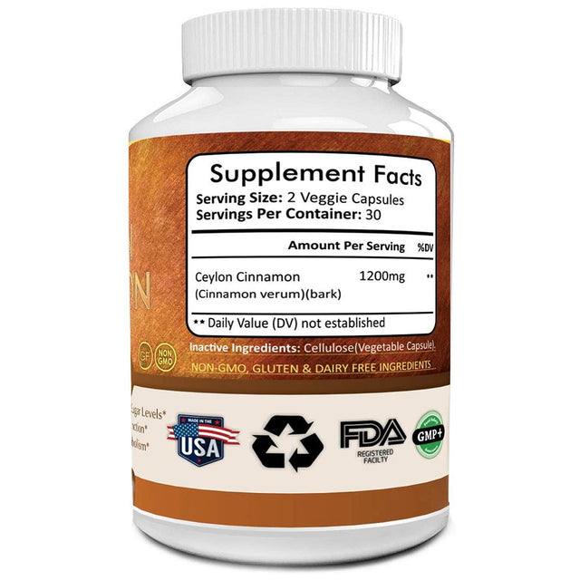 Pristine Foods Ceylon Cinnamon Supplement 1200Mg per Serving - Healthy Blood Sugar, Joint Support, Anti-Inflammatory & Antioxidant - 60 Capsules