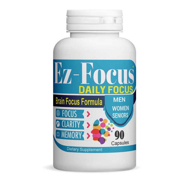 Ez-Focus Daily Focus Brain Booster Supplements for Adults, Men, Women & Seniors- Memory Supplement for Brain Focus & Clarity, Brain Vitamins Elevate Brain Function - 90 Brain Health Capsules
