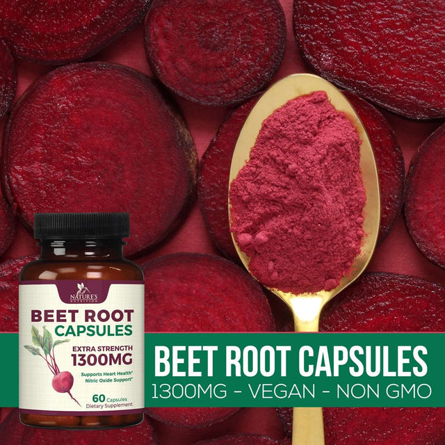 Beet Root Powder Capsules - Supports Athletic Performance, Digestive Health, Immune System - Nature'S Beet Root Extract Supplement 1300Mg per Serving - Vegan, Gluten Free, Non-Gmo - 60 Capsules