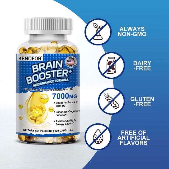 KENOFOR Brain Booster - 7000 Mg of EPA & DHA Optimum Essential Fatty Acids to Support Heart, Brain & Joints Advanced Burp-Free Softgel Supplement