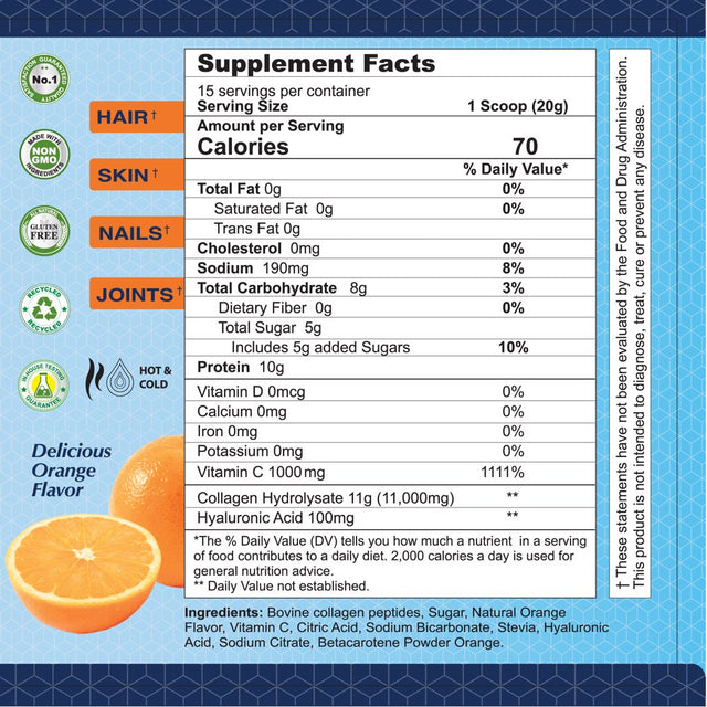 Collagen Hydrolysate Peptides Powder Supplement by ALFA VITAMINS - Nutrients, Minerals, Antioxidants - Skin, Hair, Nails & Joints Support - Orange Flavor -11 OZ