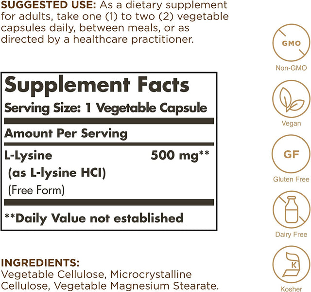 Solgar L-Lysine 500 Mg - 100 Vegetable Capsules - Skin & Collagen Support - Non-Gmo, Vegan, Gluten Free - 100 Servings