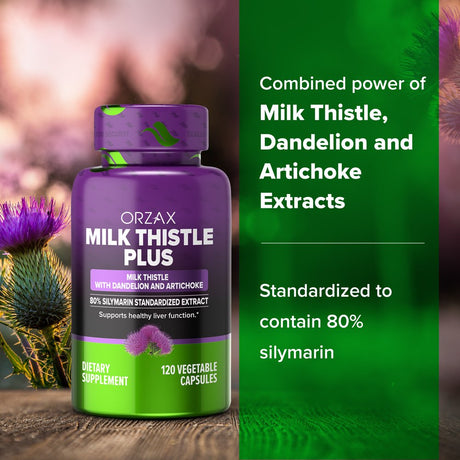 ORZAX Milk Thistle - Herbal Supplement with 80% Silymarin Supplement, Dandelion, Artichoke Extract - Supports Liver Health and Antioxidant Defense - 120 Vegetable Capsules