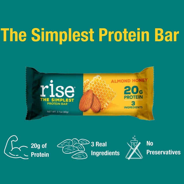 Rise Whey Protein Bars - Almond Honey | Healthy Breakfast Bar & Protein Snacks, 20G Protein, 4G Fiber, Just 3 Whole Food Ingredients, Non-Gmo Healthy Snacks, Gluten-Free, Soy Free Bar, 12 Pack