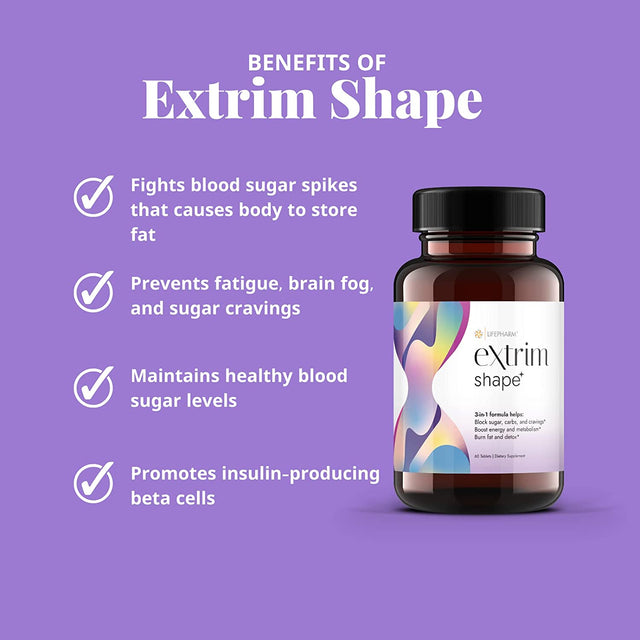 Lifepharm Extrim Shape - Weight Loss Supplement for Women and Men - Effective Weight Management, Boost Metabolism & Energy Levels While Blocking Sugars & Carbs & Burning Excess Fat - 60 Tablets