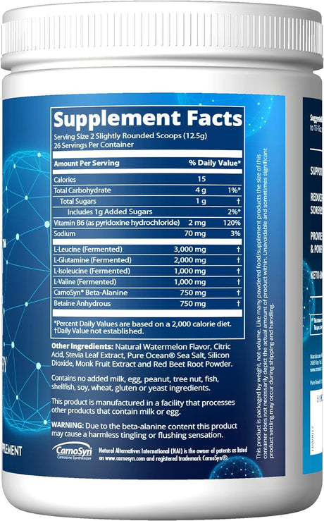 MRM Nutrition Reload BCAA+G Post-Workout Recovery | Watermelon Flavored | 9.6G Amino Acids | with Carnosyn® | Muscle Recovery | Keto Friendly | 26 Servings