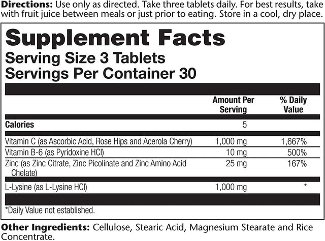 Solaray L-Lysine - 90 Tablets - Tissue & Immune System Support - Vegan, Non-Gmo - 30 Servings