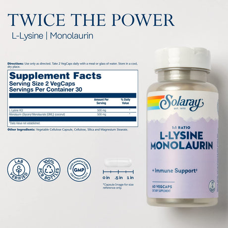 SOLARAY L-Lysine Monolaurin Immune Support Supplement, 1:1 Ratio for Immune System Function, Skin and Gut Health Support, 500 Mg Each, 60-Day Money Back Guarantee, 30 Servings, 60 Vegcaps
