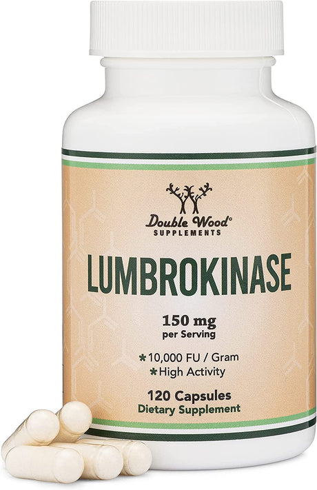 Lumbrokinase Enzymes Supplement - 120 Capsules (Max Activity 10,000 Fu/Gram) 150Mg per Serving (No Fillers, Manufactured in the USA) for Cardiovascular and Blood Circulation Support by Double Wood