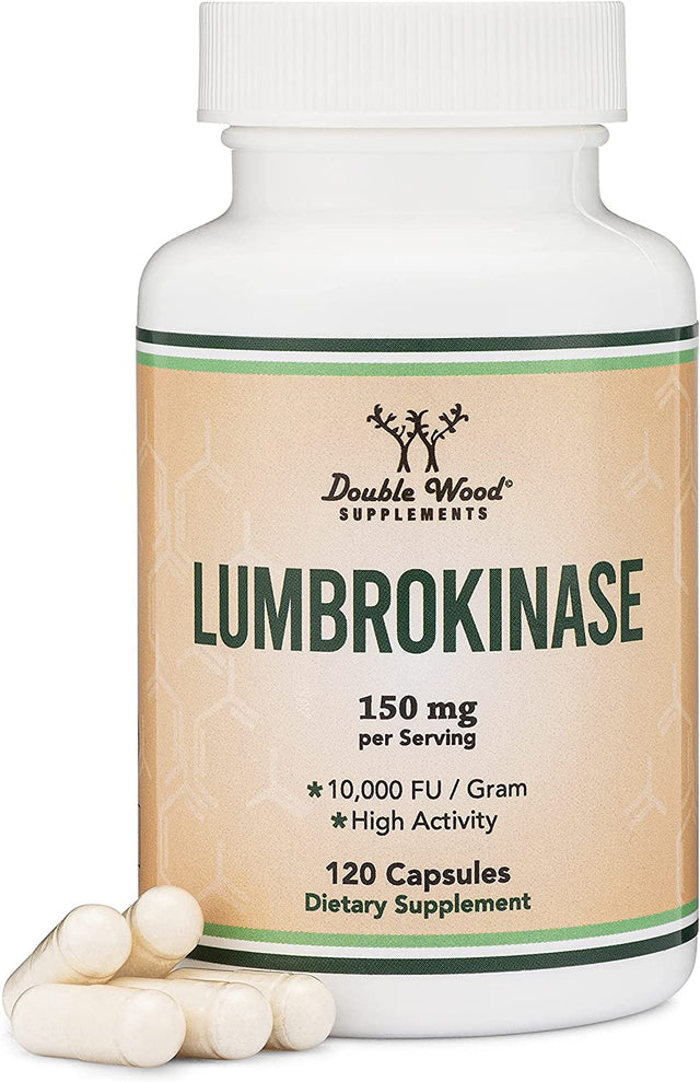 Lumbrokinase Enzymes Supplement - 120 Capsules (Max Activity 10,000 Fu/Gram) 150Mg per Serving (No Fillers, Manufactured in the USA) for Cardiovascular and Blood Circulation Support by Double Wood
