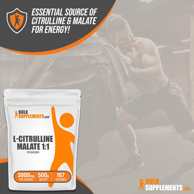 Bulksupplements.Com L-Citrulline Dl-Malate 1:1 Powder - L-Citrulline Malate, Citrulline Malate Powder - L Citrulline Malate Supplement, Gluten Free - 3G per Serving, 167 Servings, 500G (1.1 Lbs)