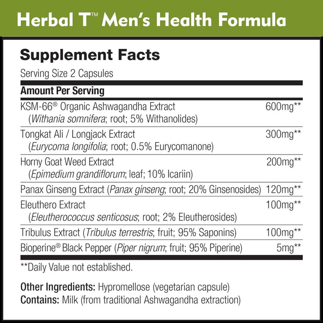 Dailynutra Herbal T Natural Male Supplement for Endurance, Vitality, and Healthy Aging - W/Ksm-66 Ashwagandha, Tongkat Ali, Tribulus, Eleuthero Siberian Ginseng, and Horny Goat Weed (1-Bottle)