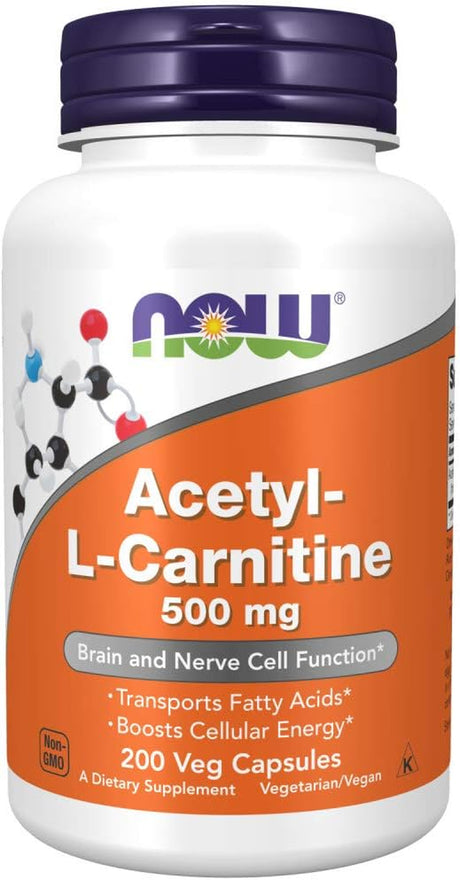 NOW Supplements, Acetyl-L Carnitine 500 Mg, Amino Acid, Brain and Nerve Cell Function*, 200 Veg Capsules