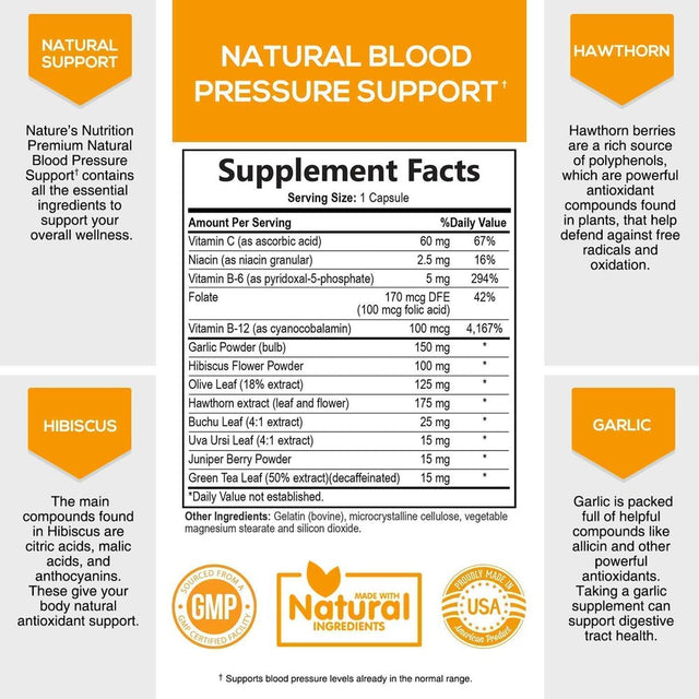 Nature'S Nutrition Blood Pressure Support Supplement with Hawthorn and Hibiscus 685Mg, 60 Capsules.