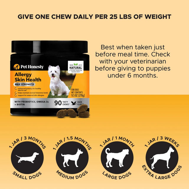 Pet Honesty Dog Allergy Skin Health Max Strength Soft Chews, Duck, 90 Ct