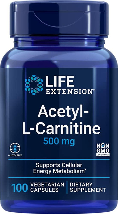 Life Extension Acetyl-L-Carnitine, Acetyl-L-Carnitine, Vitamin C, Brain, Mood & Nerve Health, Cellular Energy, Gluten-Free, Non-Gmo, Vegetarian, 100 Capsules