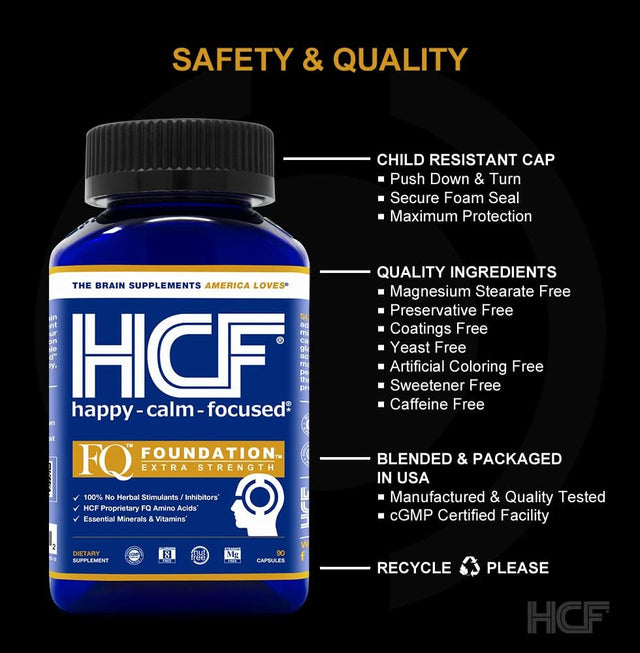 HCF Happy, Calm & Focused - Natural Nootropic Focus Supplement - Boost Concentration, Enhance Focus, Natural Calm Aid & Stress Relief - 90 Capsules for Men & Women - Caffeine-Free Brain Supplement