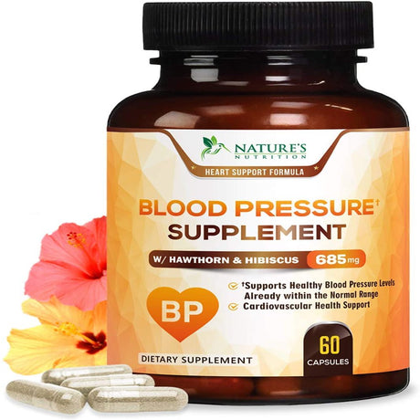 Nature'S Nutrition Blood Pressure Support Supplement with Hawthorn and Hibiscus 685Mg, 60 Capsules.