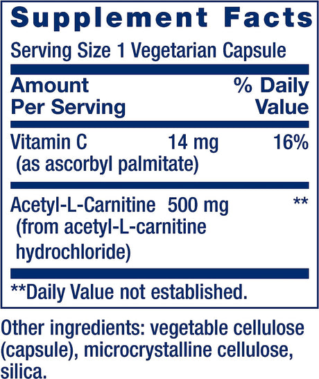 Life Extension Acetyl-L-Carnitine, Acetyl-L-Carnitine, Vitamin C, Brain, Mood & Nerve Health, Cellular Energy, Gluten-Free, Non-Gmo, Vegetarian, 100 Capsules