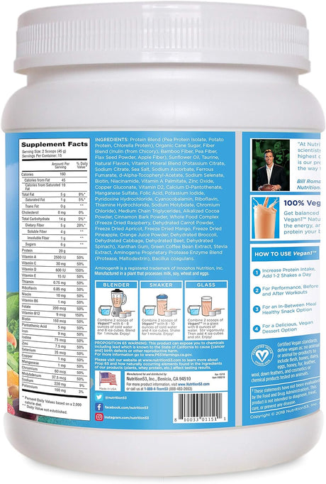 Nutrition 53 Vegan 1 Natural Protein Shake Powder, Natural, Balanced, Chai (1.5 Lb)
