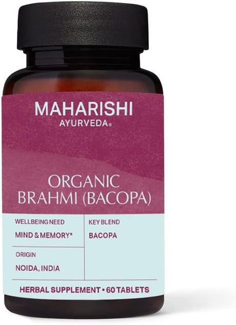 Maharishi Ayurveda - Organic Brahmi (Bacopa) | Vegan & Gluten-Free Natural Focus & Brain Supplement for Stress Relief & Mental Clarity | Brain Health Supplement 60 Herbal Tablets - 500 Mg