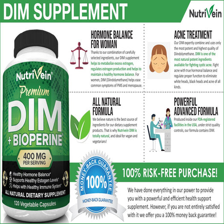 Nutrivein DIM Supplement 400Mg – 120 Capsules - Supports Acne Treatment for Men & Women