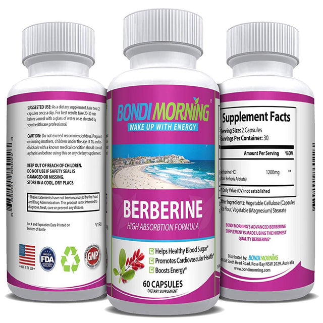 Bondi Morning Berberine HCL Supplement- High Potency 1200Mg per Serving for Blood Sugar Support - 60 Capsules