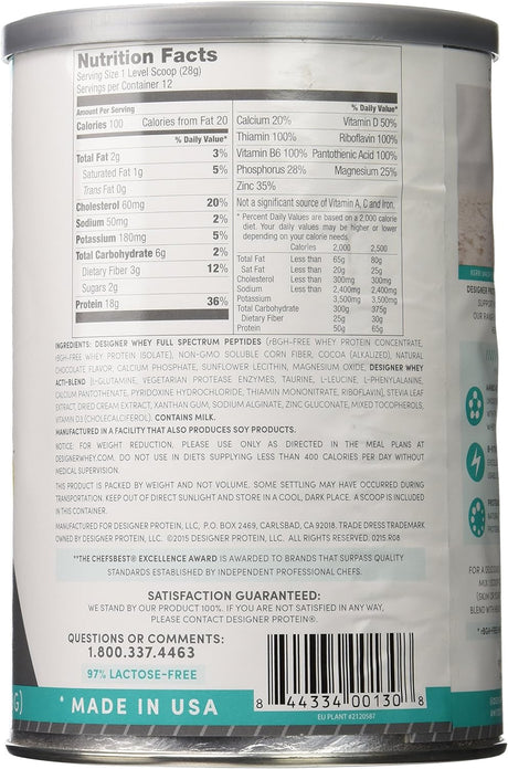 Designer Protein Whey Protein Powder, Gourmet Chocolate, 12-Ounce (Pack of 2) Canister, Made in the USA