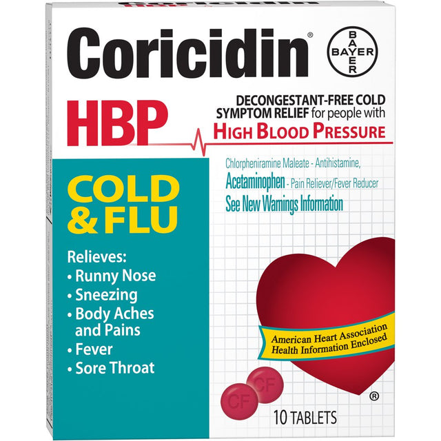 Coricidin HBP, Cold & Flu Relief Tablets, High Blood Pressure, 10 Count