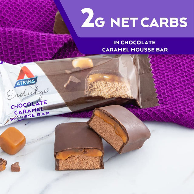 Atkins Endulge Chocolate Caramel Mousse Bar, Dessert Favorite, 1G Sugar, High in Fiber, 5 Count