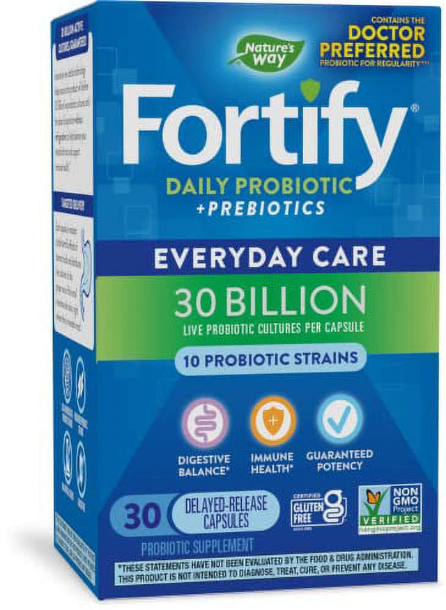 Natureâ€™S Way Fortify Daily Probiotic for Adults, 30 Billion Live Cultures, 10 Strains, Prebiotics, 30 Capsules