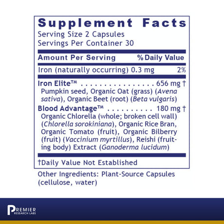 Premier Research Labs Erythropro with Live-Source Iron - Features Pumpkin Seed, Organic Oat, Beet, Chlorella, Rice Bran, Tomato & Bilberry - Blood Support Formula - 60 Plant-Sourced Capsules