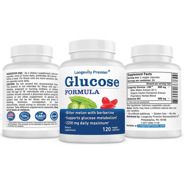 Longevity Glucose Formula with Bitter Melon, Berberine for Blood Sugar Support. 120 Vcaps