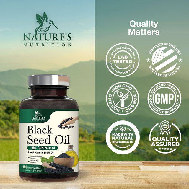 Premium Black Seed Oil Capsules 1000Mg - Vegan Cold-Pressed Nigella Sativa Black Seed Oil, Nature'S Pure Black Cumin Seed Oil for Immune, Hair and Brain Support, Non-Gmo - 180 Capsules