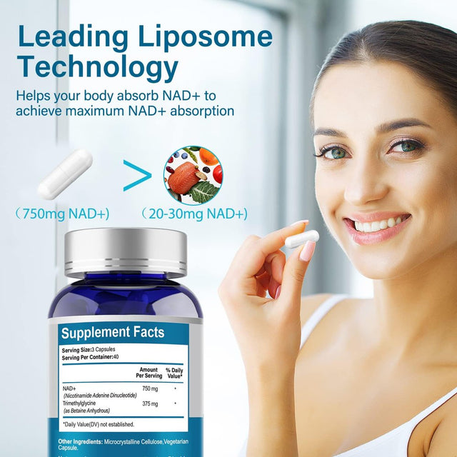 VIVALIFER Liposomal NAD+ Supplement, NAD+ 500Mg with TMG 250 Mg for Ultra Max Enhanced Absorption, Promotes Anti-Aging, Energy and DNA Repair, Brain Function - 120 Capsules