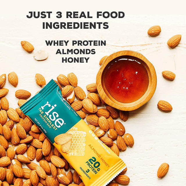 Rise Whey Protein Bars - Almond Honey | Healthy Breakfast Bar & Protein Snacks, 20G Protein, 4G Fiber, Just 3 Whole Food Ingredients, Non-Gmo Healthy Snacks, Gluten-Free, Soy Free Bar, 12 Pack