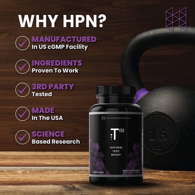 HPN T(5) Testosterone Optimization Booster | Natural Testosterone Supplement with Testofen | Increase Endurance & Energy | Improve Ability to Build Muscle with LJ100 | Vegan Friendly | 81 Capsules