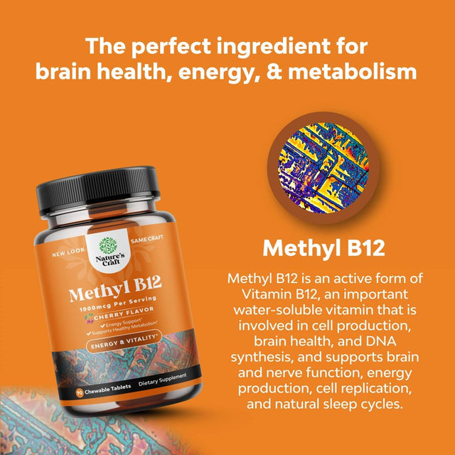 Chewable Vitamin B12 1000 Mcg - Cherry Flavor Methyl B12 Vitamins for Brain Support, Energy & Metabolism Boost 90Ct Tablets
