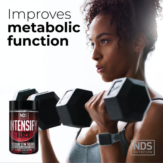 NDS Nutrition Intensify Black - Thermogenic Blend with Teacrine for Fat and Water Loss - Boost Metabolism, Burn Calories, Help Suppress Appetite - Improve Body Tone, Muscle Definition - 90 Capsules