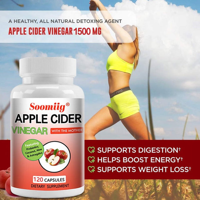 Soomiig Apple Cider Vinegar Capsules - 100% Organic Apple Cider Vinegar Pills - Natural Digestion, Immune Boosting Support and Cleansing Supplement with Probiotics