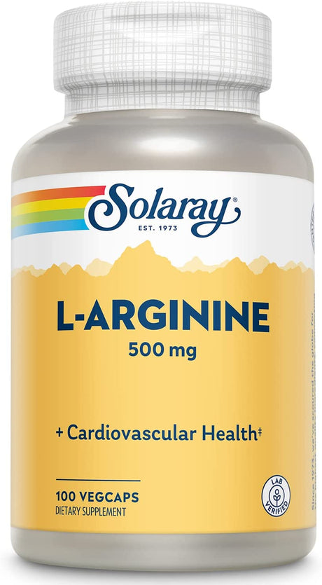 SOLARAY L-Arginine 500 Mg, Nitric Oxide Supplement, Endurance, Energy, Heart Health Support, 100 Servings, 100 Vegcaps