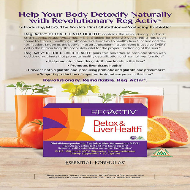 REG'ACTIV Detox & Liver Health, 60 Capsules, with the Glutathione-Producing Probiotic Lactobacillus Fermentum ME-3, Easy-To-Digest Selenium and Milk Thistle Extract