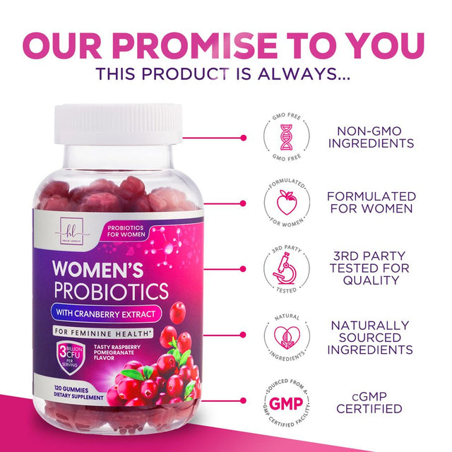 Probiotics for Women + Cranberry - 3 Billion CFU Guaranteed & 6 Vegan Strains for Women'S Vaginal, Digestive, Ph & Immune Health Support, Womens Probiotic Gummy, Shelf Stable, No Gluten - 120 Gummies