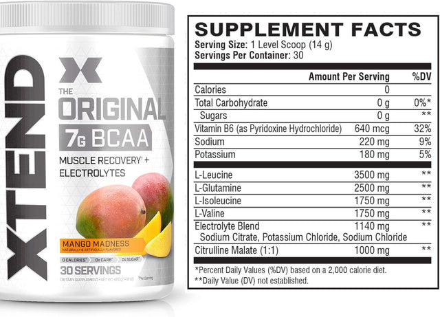 XTEND Original BCAA Powder Mango Madness - Sugar Free Post Workout Muscle Recovery Drink with Amino Acids - 7G Bcaas for Men & Women - 30 Servings