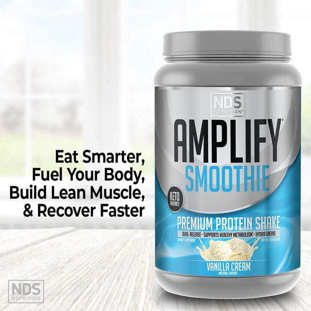 NDS Nutrition Amplify Smoothie Premium Whey Protein Powder Shake with Added Greens and Amino Acids - Build Lean Muscle, Gain Strength, Lasting Energy, and Lose Fat - Vanilla (30 Servings)