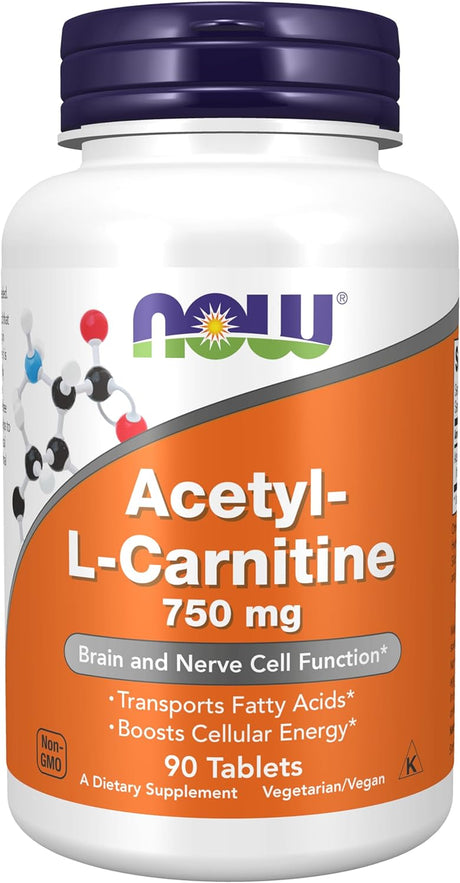 NOW Supplements, Acetyl-L-Carnitine 750 Mg, Amino Acid, Brain and Nerve Cell Function*, 90 Tablets