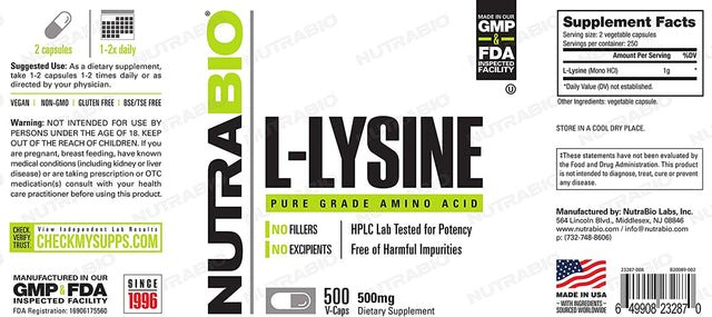 Nutrabio L-Lysine (500Mg) - Pure Grade Amino Acid - 500 Vegetable Capsules - Essential Amino Acid - Non-Gmo - Gluten Free - Vegan